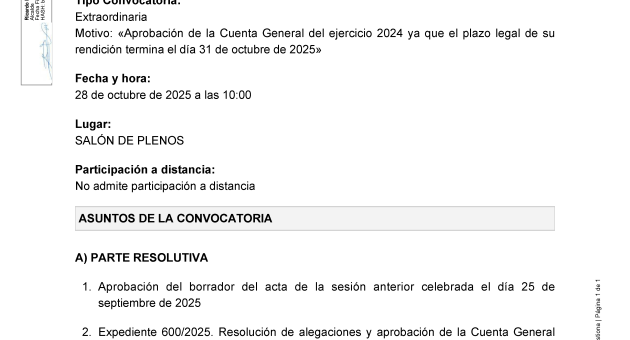Convocatoria a Pleno sesión extraordinaria, martes 28 de octubre a las 10:00 h